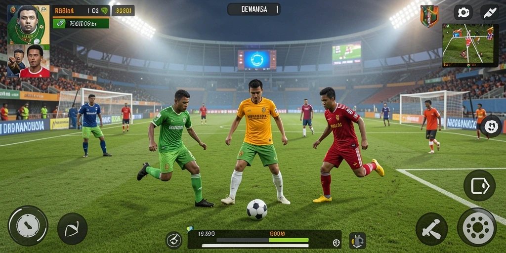 Screenshot gameplay DEWANUSA menampilkan aksi seru di lapangan sepak bola.