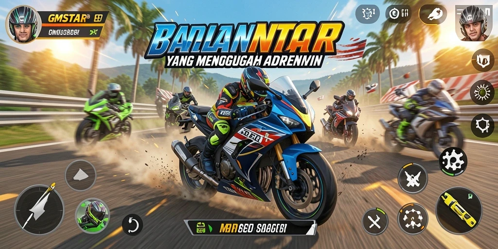 Screenshot menunjukkan aksi balapan motor yang mendebarkan dan grafis yang menakjubkan.