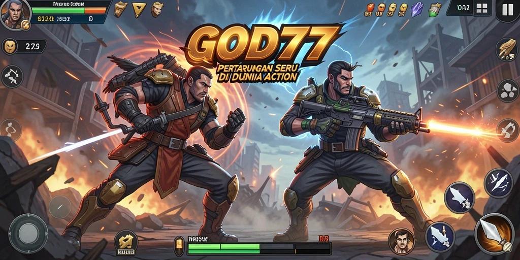 Screenshot aksi mendebarkan dari gameplay GOD77.