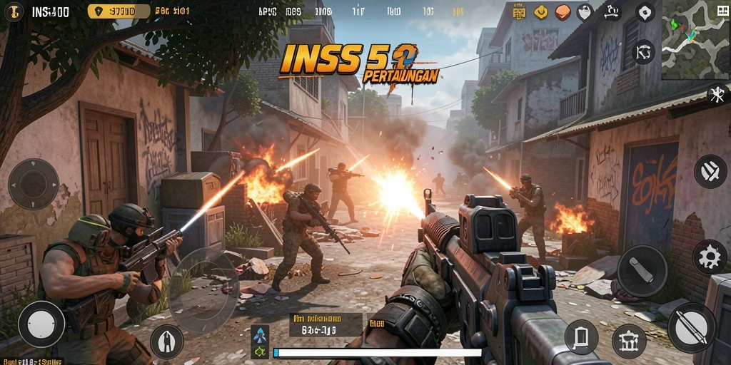 Tampilan screenshot utama INS55 yang menampilkan aksi FPS yang intens.