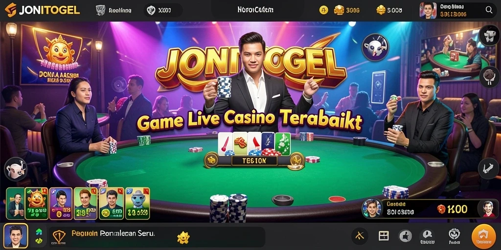 Screenshot gameplay JONITOGEL dengan dealer profesional dan suasana kasino yang hidup.