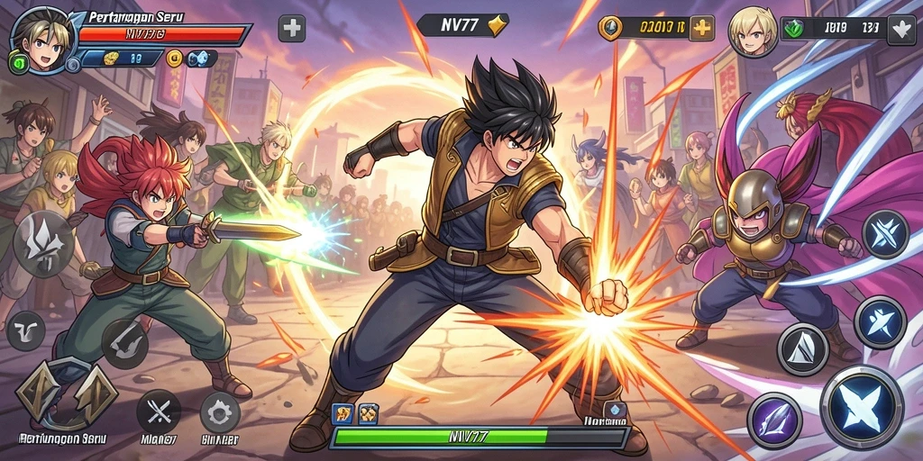 Gameplay seru di NV77 dengan karakter anime beraksi.