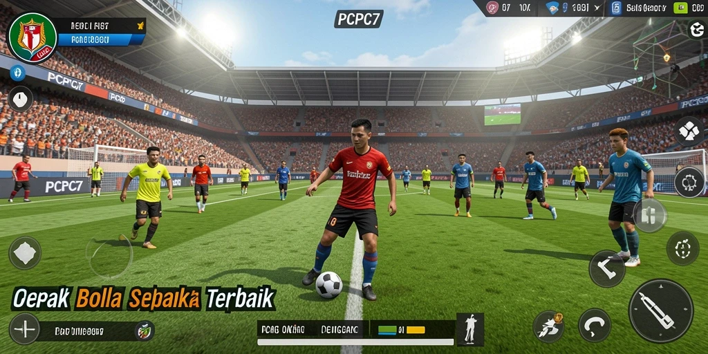Tampilan gameplay seru dari PCPC7 dengan aksi sepak bola nyata.