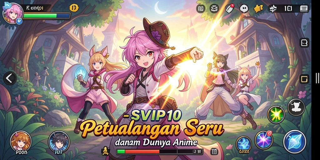 Screenshot menunjukkan karakter anime beraksi dalam pertempuran epik.