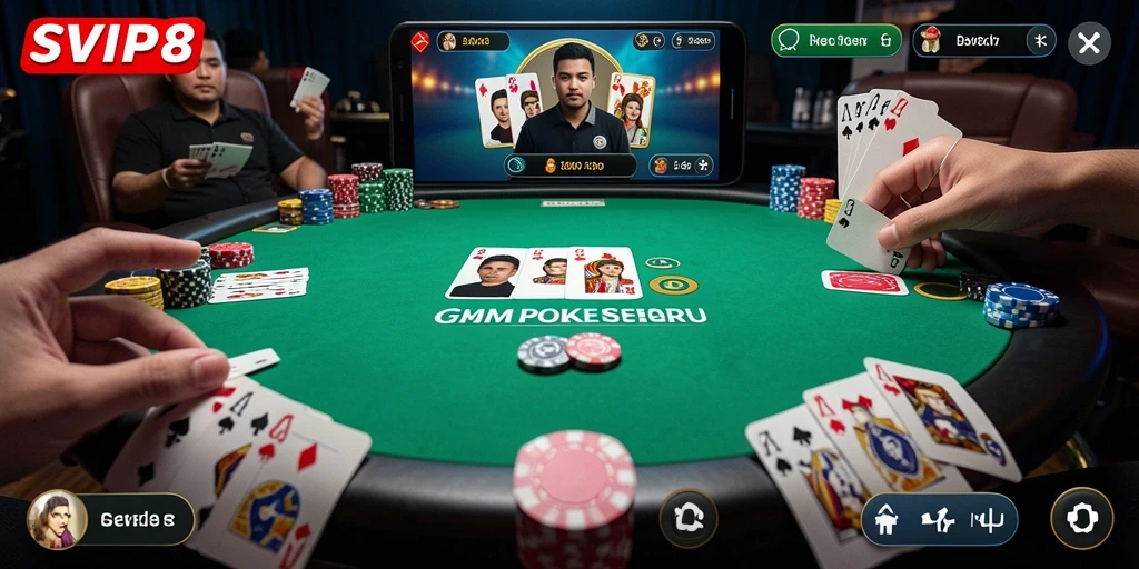 Screenshot utama SVIP8 menampilkan suasana bermain poker yang mendebarkan.